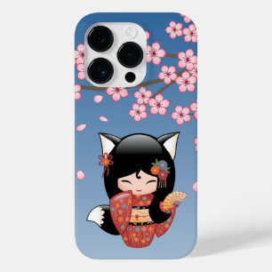 Coque Pour iPhone 14 Pro Poupée Kitsune Kokeshi - Black Fox Geisha Girl