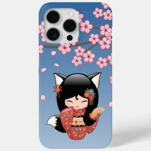 Coque iPhone 15 Pro Max Poupée Kitsune Kokeshi - Black Fox Geisha Girl
