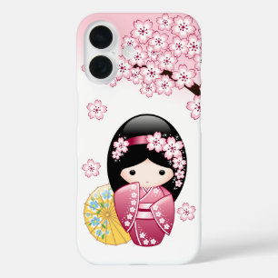 Coques iPhone 16 Poupée Kokeshi de printemps - Jolie fille geisha j