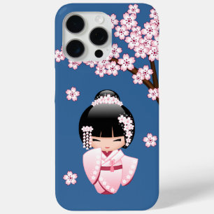 Coque iPhone 15 Pro Max Poupée Kokeshi Kawaii Kimono Rose sur Fond Bleu