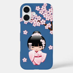 Coques iPhone 16 Poupée Kokeshi Kawaii Kimono Rose sur Fond Bleu