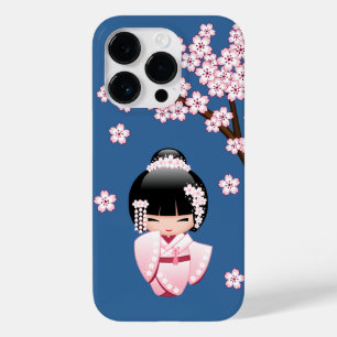 Coque Pour iPhone 14 Pro Poupée Kokeshi Kawaii Kimono Rose sur Fond Bleu