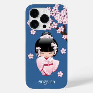 Coques Pour iPhone Poupée Kokeshi Kawaii Kimono Rose sur Fond Bleu