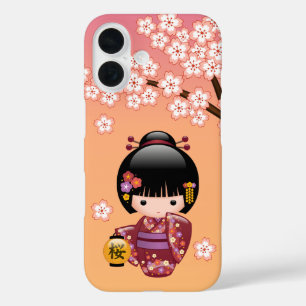 Coques iPhone 16 Poupée Kokeshi Sakura Fille Geisha sur Orange