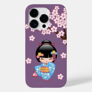 Coque Pour iPhone 14 Pro Poupée Maiko Kokeshi - Blue Kimono Geisha Girl