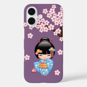Coques iPhone 16 Poupée Maiko Kokeshi - Blue Kimono Geisha Girl