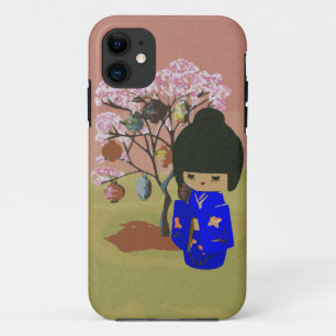 Coques Pour iPhone Poupée mignonne de kokeshi avec l'arbre de fleurs