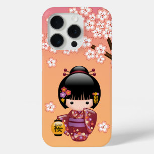 Coque iPhone 15 Pro Poupée Sakura Kokeshi - Geisha Girl on Peach