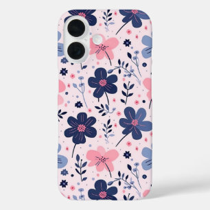 Coques iPhone 16 Prairie de fleurs sauvages rose pâle et bleue - es
