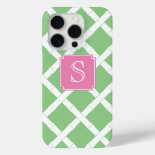 Coque iPhone 15 Pro Préppy Bamboo Trellis Motif Pomme vert et rose