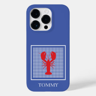 Coque Pour iPhone 14 Pro Preppy Blue En vichy Red Lobster Name Coastal