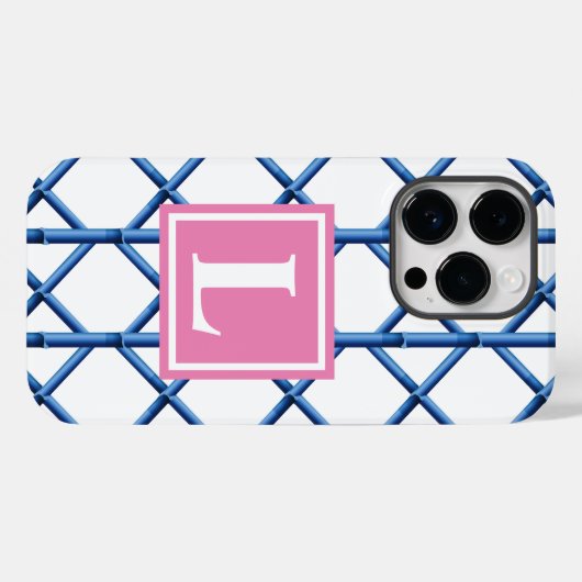 Coques Case-Mate iPhone Preppy Blue Trellis Bamboo Motif Monogramme (Verso (horizontal))