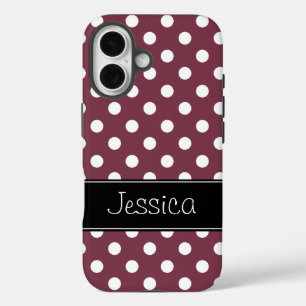 Coques iPhone 16 Preppy Bourgogne et Pois blancs Personnalisé