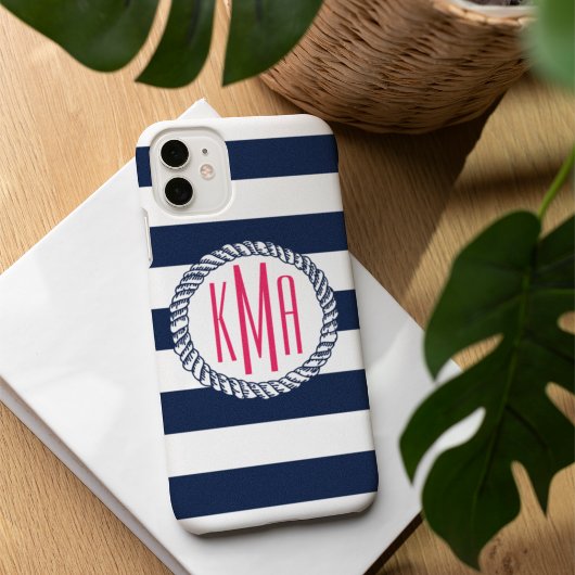 Coques Case-Mate iPhone Preppy Nautical Navy & White Stripe Pink Monogramm