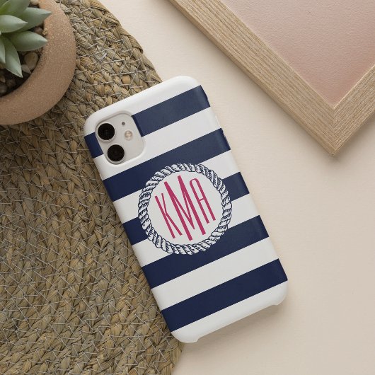 Coques Case-Mate iPhone Preppy Nautical Navy & White Stripe Pink Monogramm