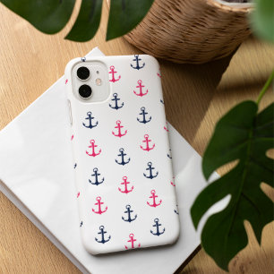 Coques iPhone 16 Preppy Nautical Pink & Navy Ancre Motif