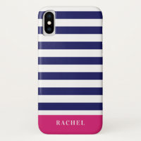 Preppy Navy Bleu Stripes & Hot Pink Monogramme