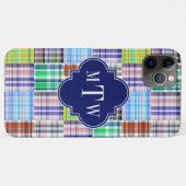 Coques Case-Mate iPhone Preppy Patchwork Madras Navy Quatrefoil Monogramme (Dos (Horizontal))