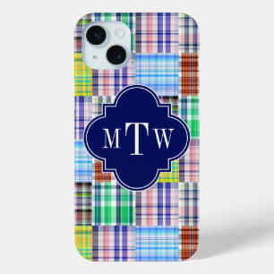 Coque iPhone 15 Mini Preppy Patchwork Madras Navy Quatrefoil Monogramme
