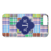 Coques Case-Mate iPhone Preppy Patchwork Madras Navy Quatrefoil Monogramme (Dos (Horizontal))