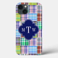 Preppy Patchwork Madras Navy Quatrefoil Monogramme