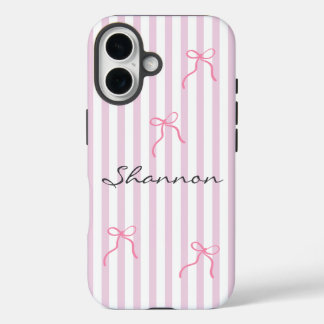 Coques iPhone 16 Preppy Pink Stripe and Bow Personalized