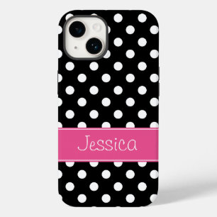 Coque Pour iPhone 14 Preppy Pois rose et noir Personnalisé