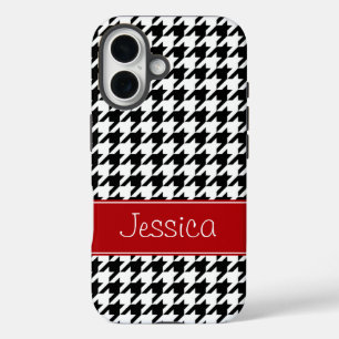 Coques iPhone 16 Preppy Red et Black Houndstooth Personnalisé