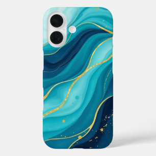 Coques iPhone 16 Profondeurs azur avec veines dorées