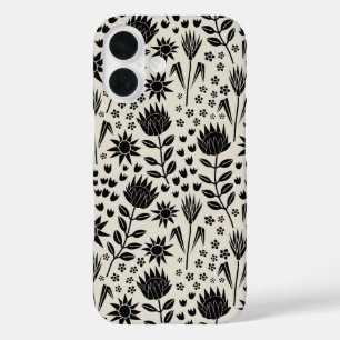 Coques iPhone 16 Protea Floral Block Print Millefleur noir lin