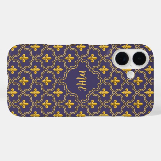 Coques Case-Mate iPhone Purple and gold fleur-de-lys quatrefoil pattern (Verso (horizontal))