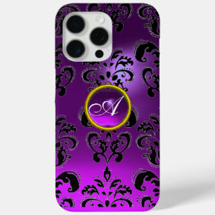 Coque iPhone 15 Pro Max PURPLE BLACK DAMASK GEMSTONE MONOGRAM Floral