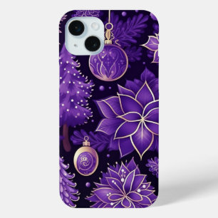 COQUE iPhone 15 MINI PURPLE & GOLD NOËL ORNAMENTS POINTSETTIAS