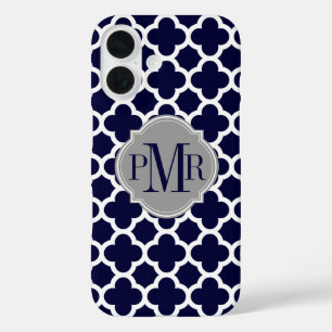 Coques iPhone 16 Quatrefoil Marine Bleu Blanc Motif gris Monogramme
