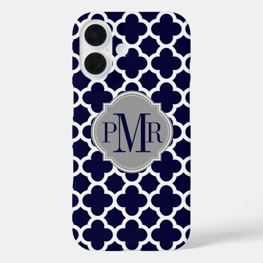 Coques Case-Mate iPhone Quatrefoil Marine Bleu Blanc Motif gris Monogramme (Verso)