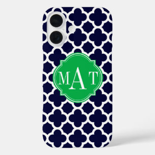Coques iPhone 16 Quatrefoil Navy Blue et Kelly Green Monogram