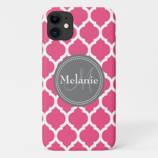 Coques Case-Mate iPhone Quatrefoil rose et gris clair monogramme (Dos)