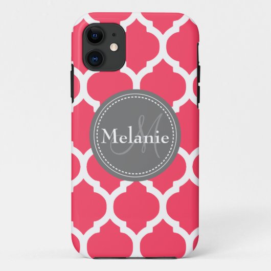 Coques Case-Mate iPhone Quatrefoil rose et gris monogramme (Dos)