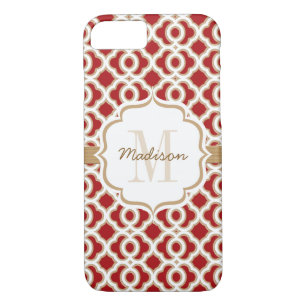 Coques Pour iPhone Quatrefoil rouge et or monogramme