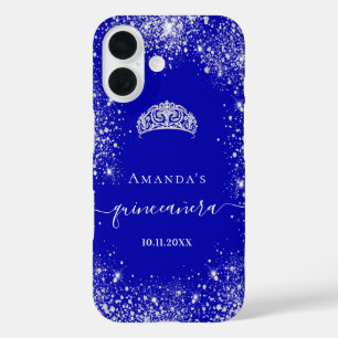 Coques iPhone 16 Quinceanera royal bleu argent parties scintillant 
