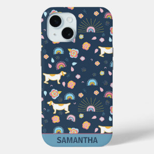 Coque Pour iPhone 15 Quirky mignon Chien Rainbow Motif bleu Personnalis
