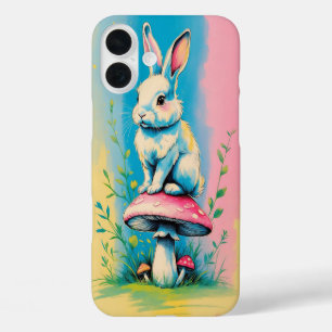 Coques iPhone 16 Plus Rabbit assis sur un champignon avec Pastel animé