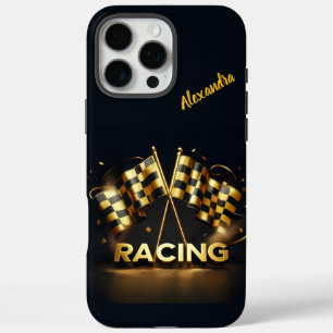 Coques iPhone 16 Pro Max Race day thrill avec drapeaux noirs et or!