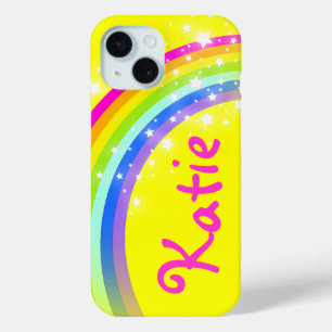Coque Pour iPhone 15 Rainbow jaune ciel et étoiles nom personnalisé