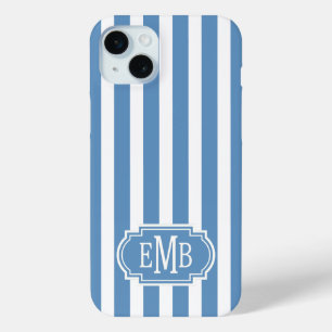 Coque iPhone 15 Mini Rayures Bleues et Blanches Monogrammées