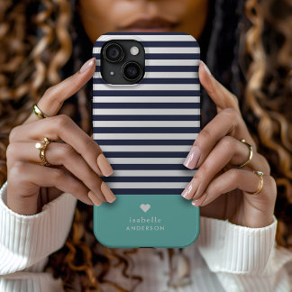 Coque Pour iPhone 15 Rayures Chic Bleu Marine et Aqua Monogramme Cœur