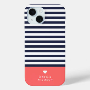 Coque Pour iPhone 15 Rayures chic bleu marine et corail Monogramme cœur