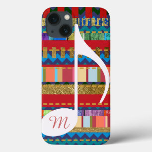 iPhone 13 Coque rayures colorées, note de musique & initiale