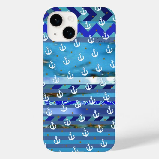 Coques Case-Mate iPhone rayures de turquoise et motif bleus d'ancre (Verso)