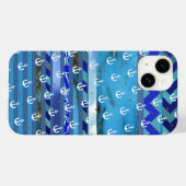 Coques Case-Mate iPhone rayures de turquoise et motif bleus d'ancre (Verso (horizontal))